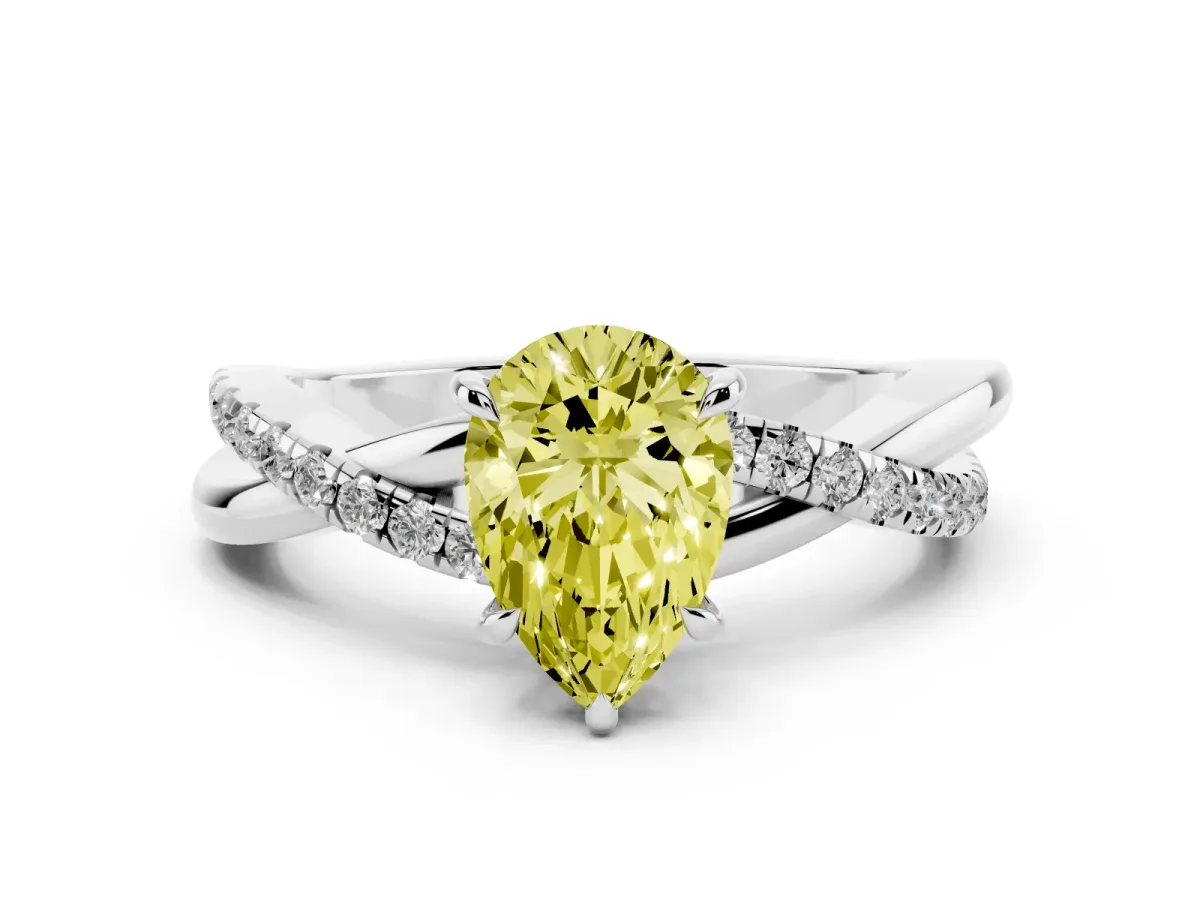Fancy Yellow Pear Cut Diamond Twisted Pavé Band Ring Set in Silver with Prong Setting