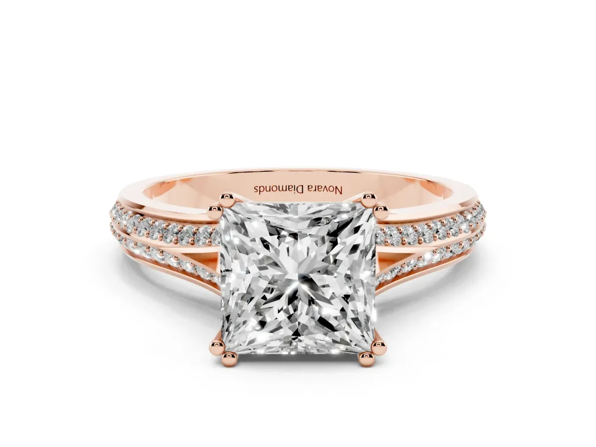 Princess Cut Diamond Split Shank Pavé Engagement Ring Set in Rose gold with Prong-Set Center Stone