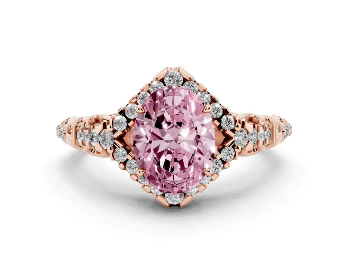 Fancy Pink Oval Cut Diamond Solitaire Ring Set in Rose gold with Hidden Halo and Pavé Band