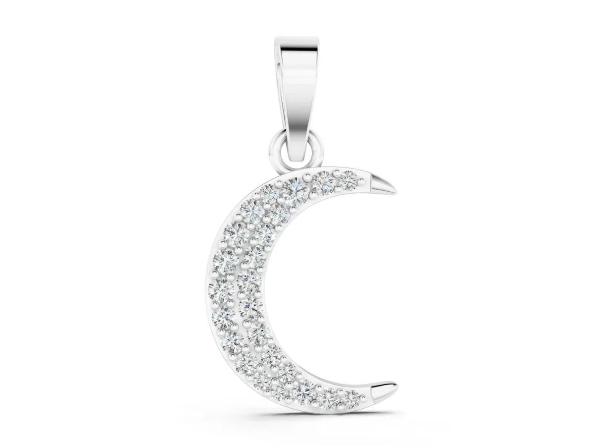 Pavé Round Diamond Crescent Pendant Set in White gold with Four-Prong Setting