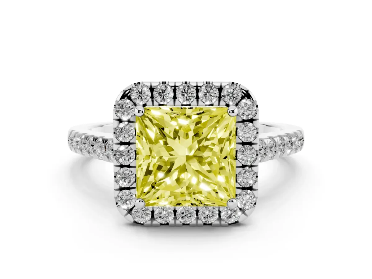 Fancy Yellow Princess Cut Diamond Halo Pavé Engagement Ring Set in Platinum with Prong Setting