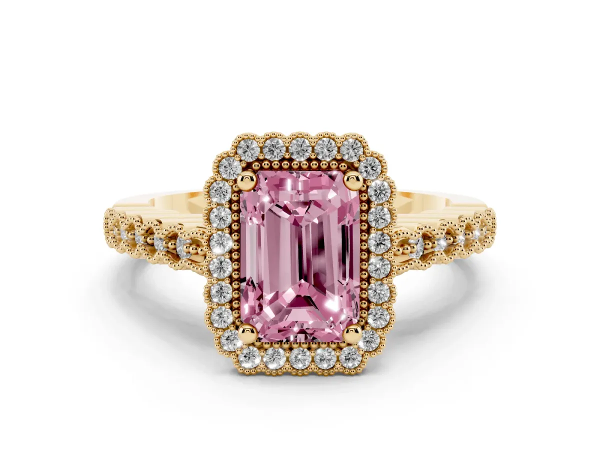 Fancy Pink Radiant Cut Diamond Halo Ring Set in Yellow gold with Pavé Milgrain Band