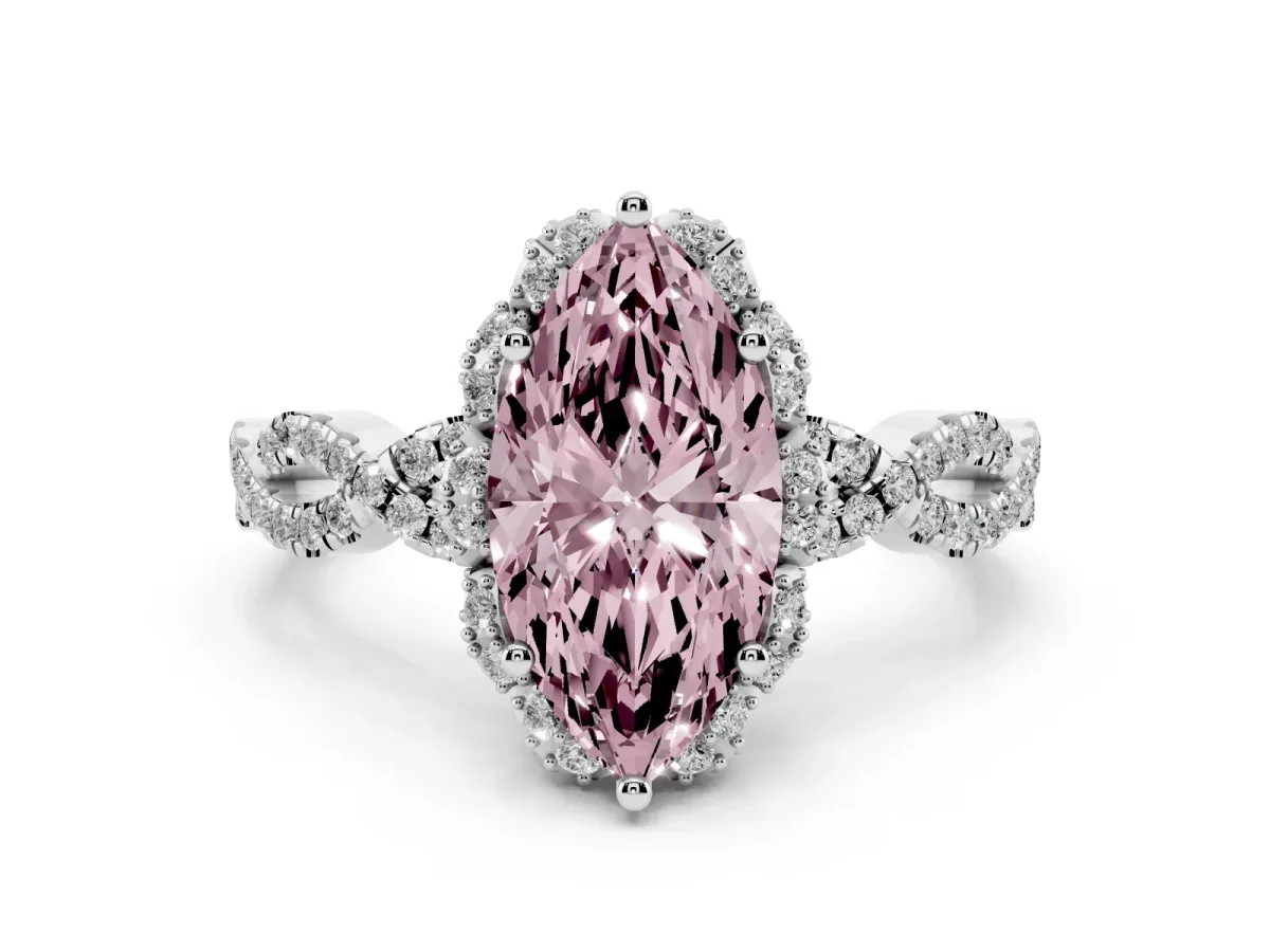Fancy Pink Marquise Cut Diamond Halo Twist Band Solitaire Ring Set in White gold with Prong-Set Center Stone
