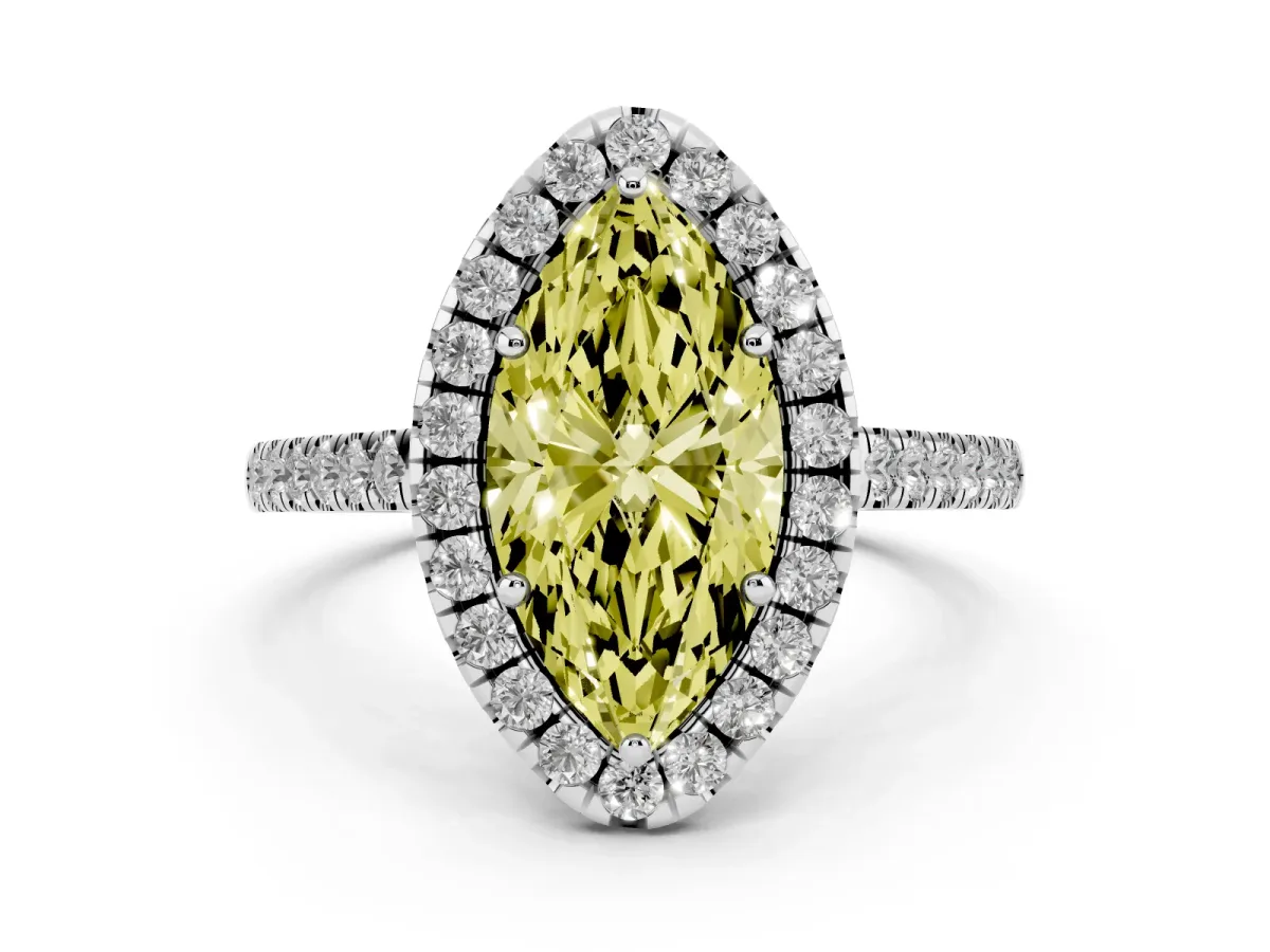 Fancy Yellow Marquise Cut Diamond Pavé Halo Engagement Ring Set in Silver with Pavé Band and Prong Setting