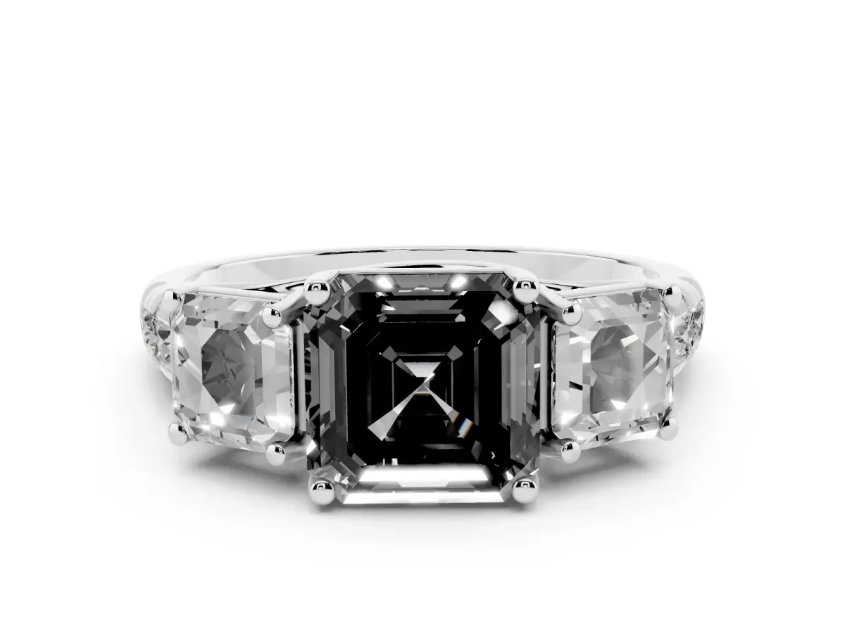 Fancy Black Asscher Cut Diamond Three-Stone Ring Set in Silver with Pavé Band