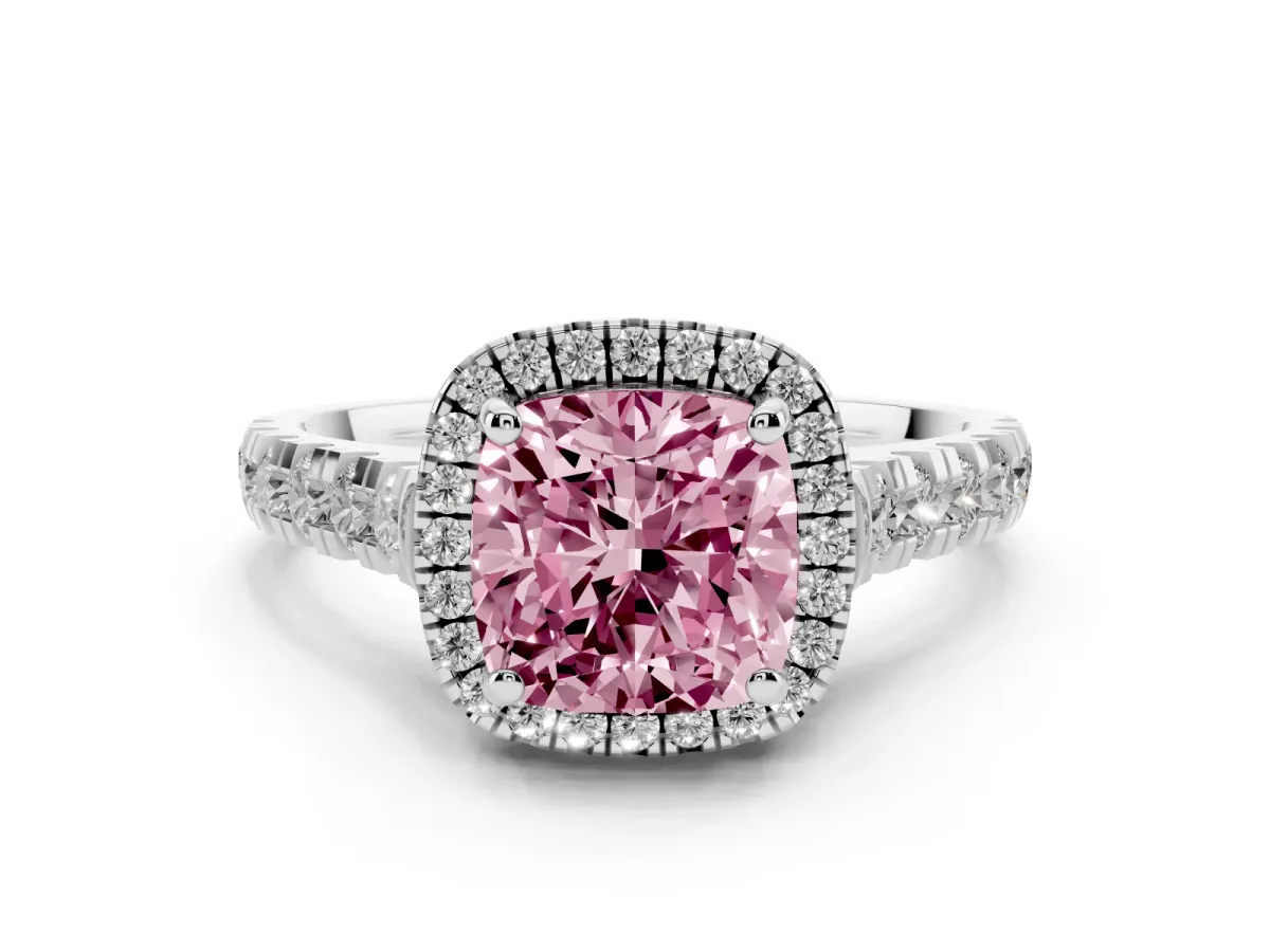 Fancy Pink Cushion Cut Diamond Halo Engagement Ring Set in Platinum with Pavé Band and Prong-Set Center