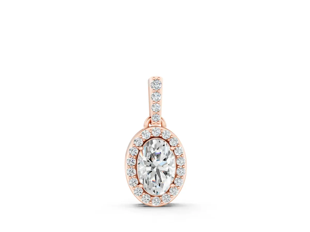 Oval Diamond Halo Pendant Set in Rose gold with Pavé Prong Setting