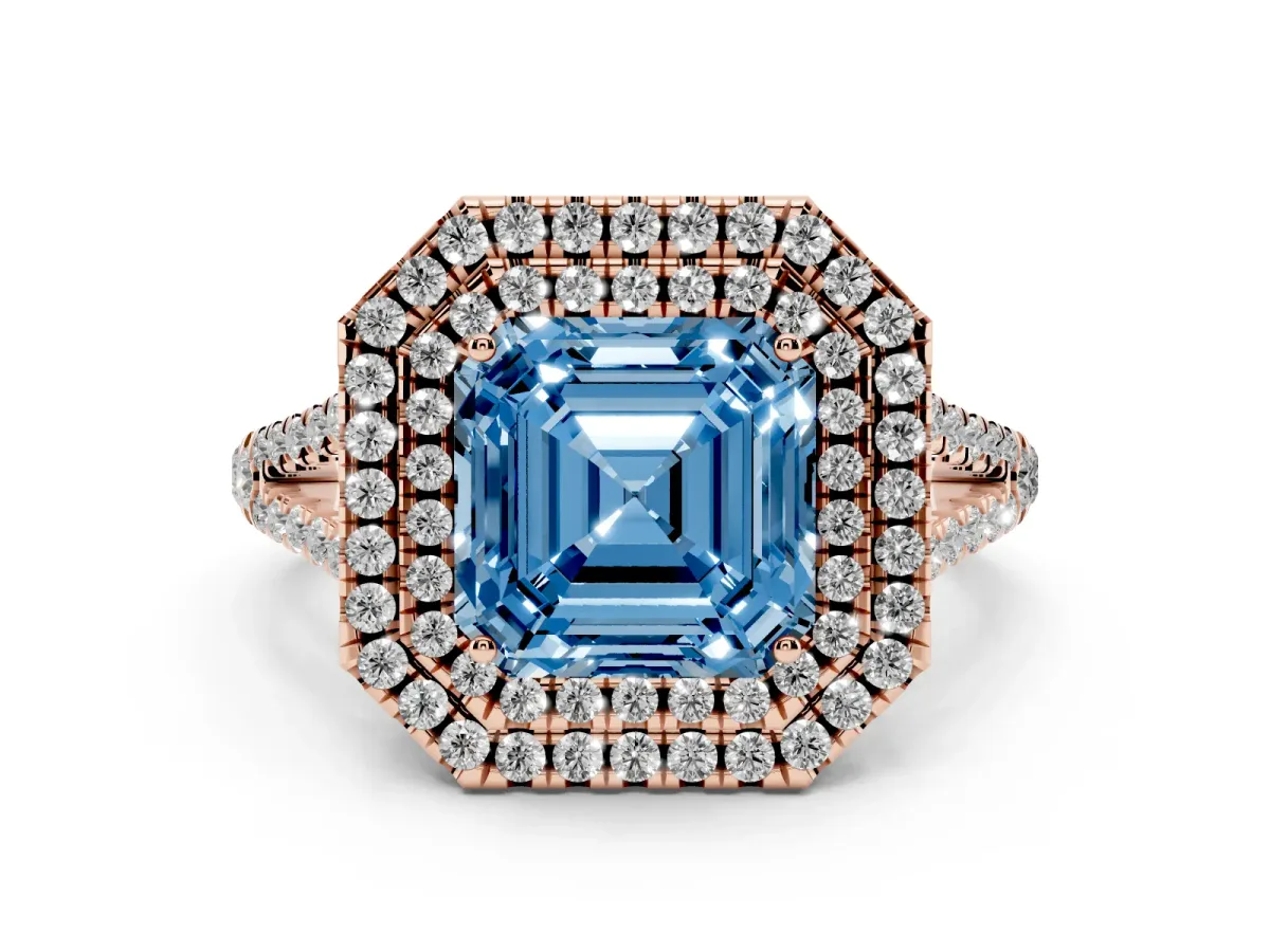 Fancy Blue Asscher Cut Diamond Double Halo Ring Set in Rose gold with Pavé Band