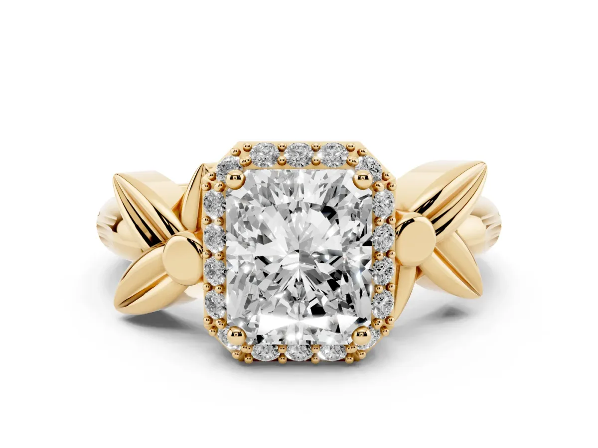 Radiant Cut Diamond Halo Floral Band Ring Set in Yellow gold with Prong Setting
