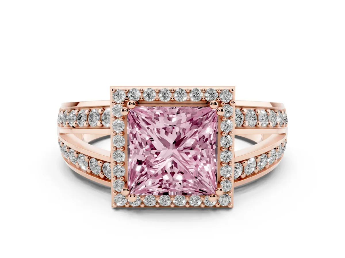 Fancy Pink Princess Cut Diamond Halo Ring Set in Rose gold with Double Pavé Split Shank