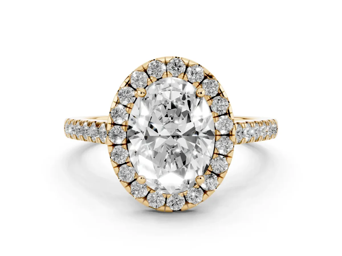 Oval Cut Diamond Halo Pavé Engagement Ring Set in Yellow gold with Prong Setting