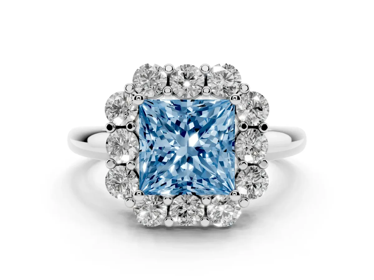 Fancy Blue Princess Cut Diamond Milgrain Halo Solitaire Ring Set in Platinum with Bezel Set Side Stones and Pavé Band