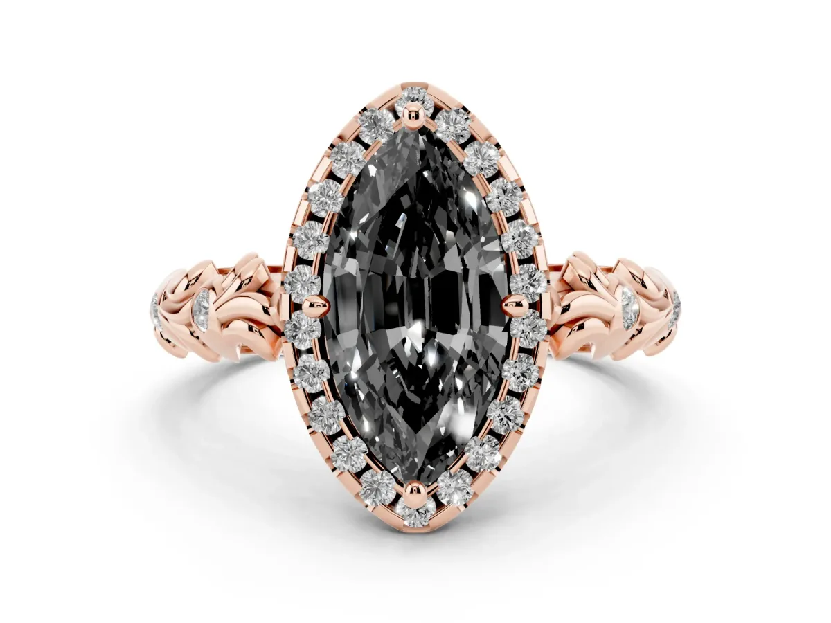 Fancy Black Marquise Cut Diamond Halo Ring Set in Rose gold with Filigree Leaf Band and Prong Setting