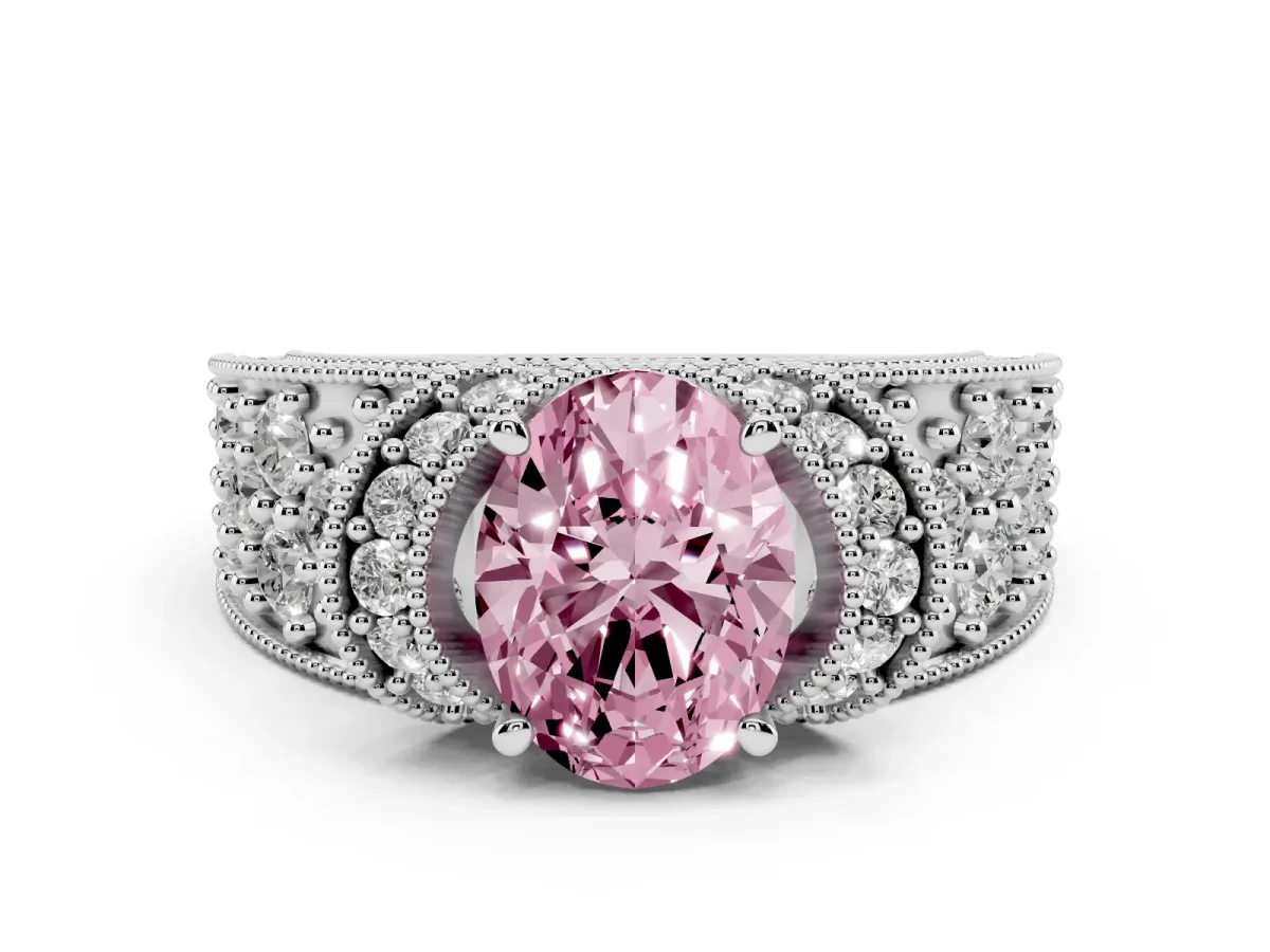 Fancy Pink Oval Cut Diamond Milgrain Halo Pavé Engagement Ring Set in Silver with Prong Setting