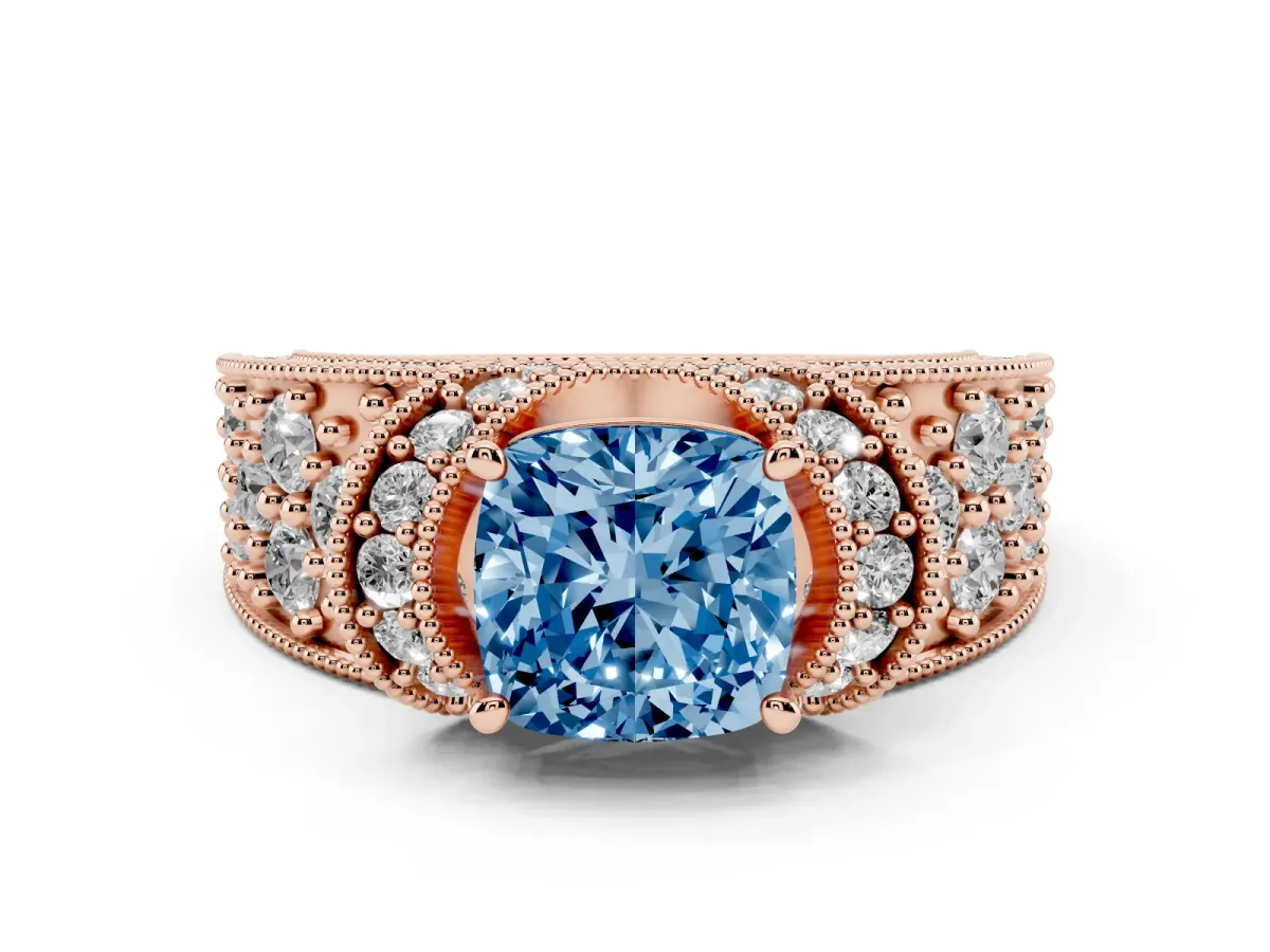 Fancy Blue Cushion Cut Diamond Milgrain Halo Pavé Engagement Ring Set in Rose gold with Prong Setting