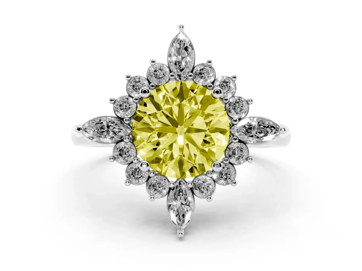 Fancy Yellow Round Cut Diamond Cluster Halo Ring Set in Silver with Marquise and Round Accents