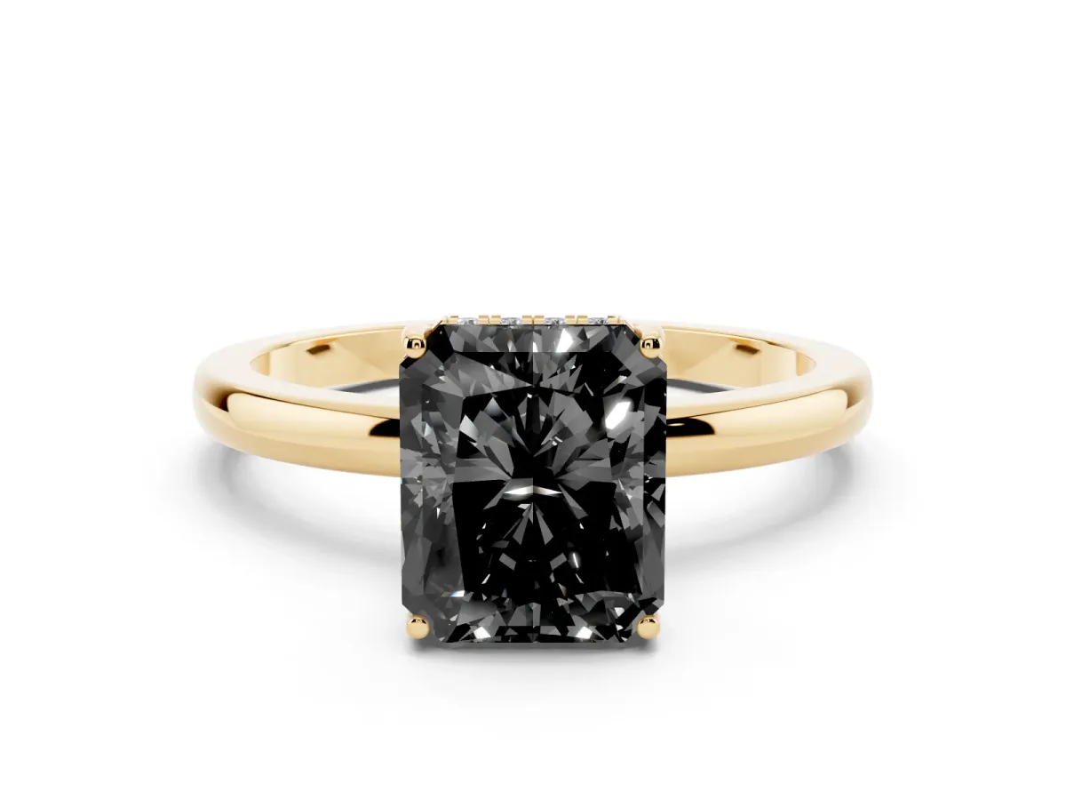 Fancy Black Radiant Cut Diamond Solitaire Ring Set in Yellow gold with Plain Band and Prong Setting