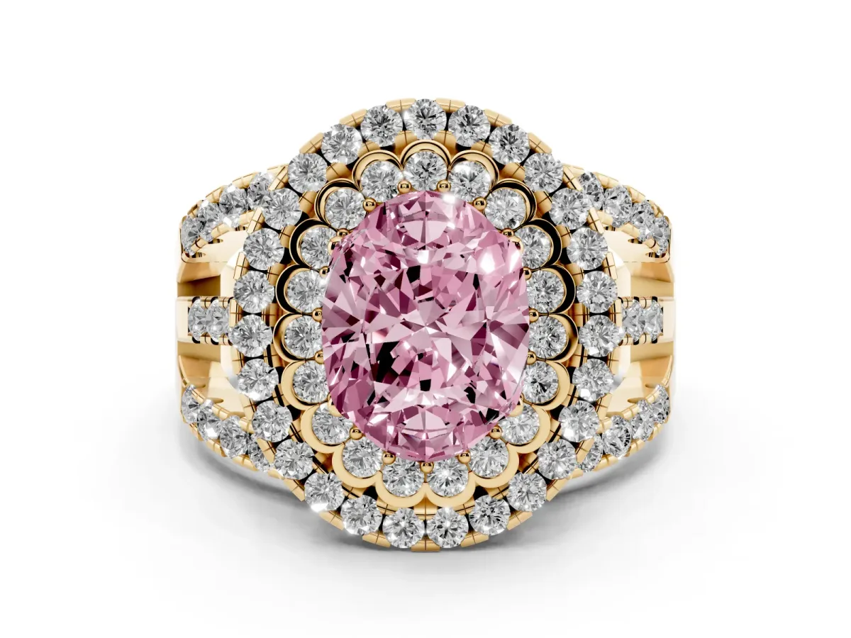 Fancy Pink Oval Cut Diamond Double Halo Ring Set in Yellow gold with Round Pavé Split Shank