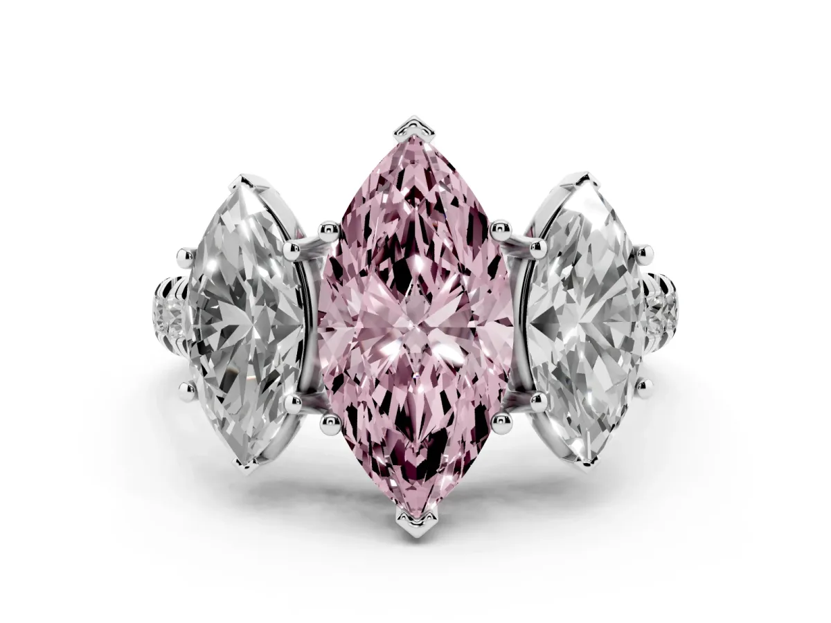 Fancy Pink Marquise Cut Diamond Three-Stone Ring Set in Silver with Pavé Band
