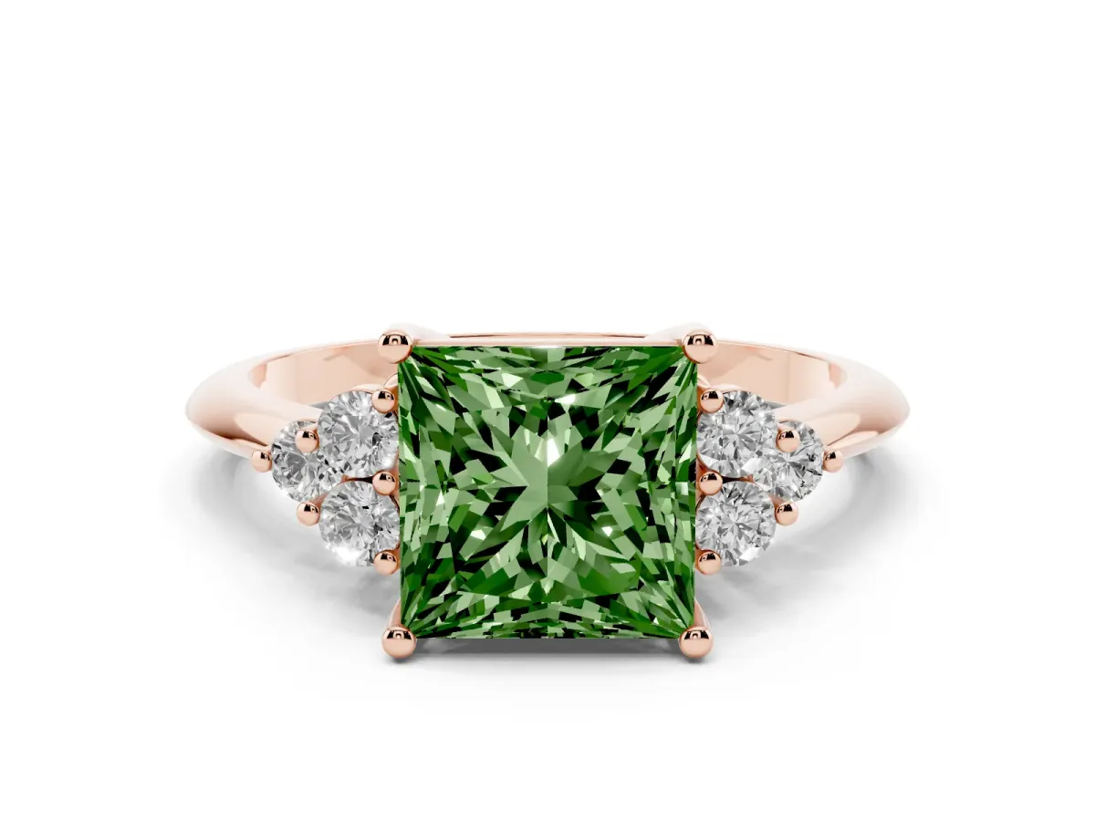 Fancy Green Princess Cut Diamond Cluster Ring Set in Rose gold with Plain Band and Prong Setting