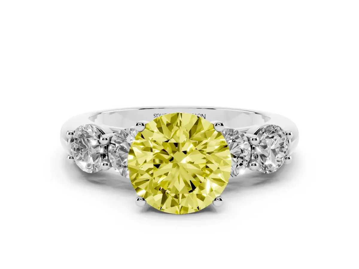 Fancy Yellow Round Cut Diamond Five-Stone Prong Set Ring Set in Platinum with Classic Band