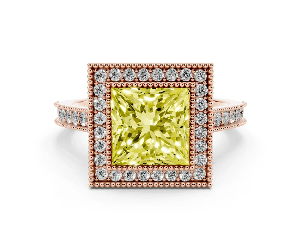 Fancy Yellow Princess Cut Diamond Halo Milgrain Pavé Band Ring Set in Rose gold with Prong Setting