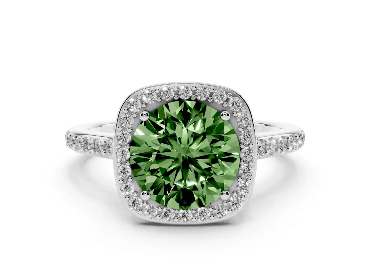 Fancy Green Round Cut Diamond Halo Engagement Ring Set in Silver with Round Pavé Shoulders and Heart Gallery