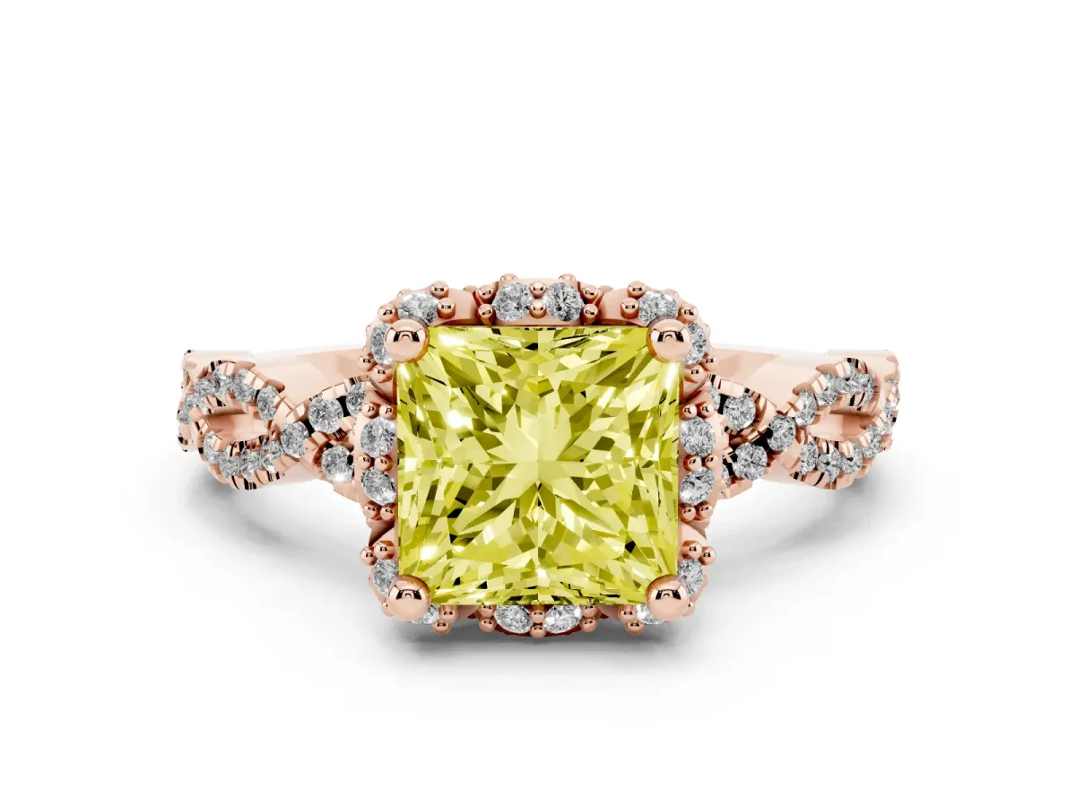 Fancy Yellow Princess Cut Diamond Halo Twist Band Solitaire Ring Set in Rose gold with Prong-Set Center Stone