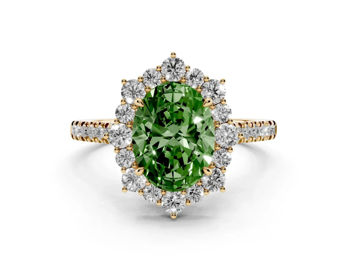 Fancy Green Oval Cut Diamond Halo Ring Set in Yellow gold with Pavé Band and Prong Setting