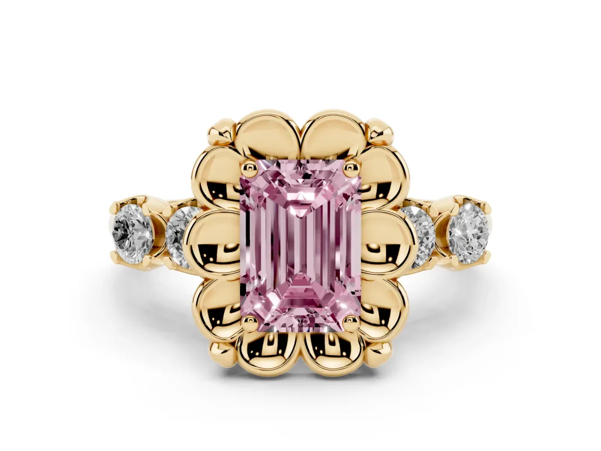 Fancy Pink Emerald Cut Diamond Floral Halo Ring Set in Yellow gold with Shared Prong Band