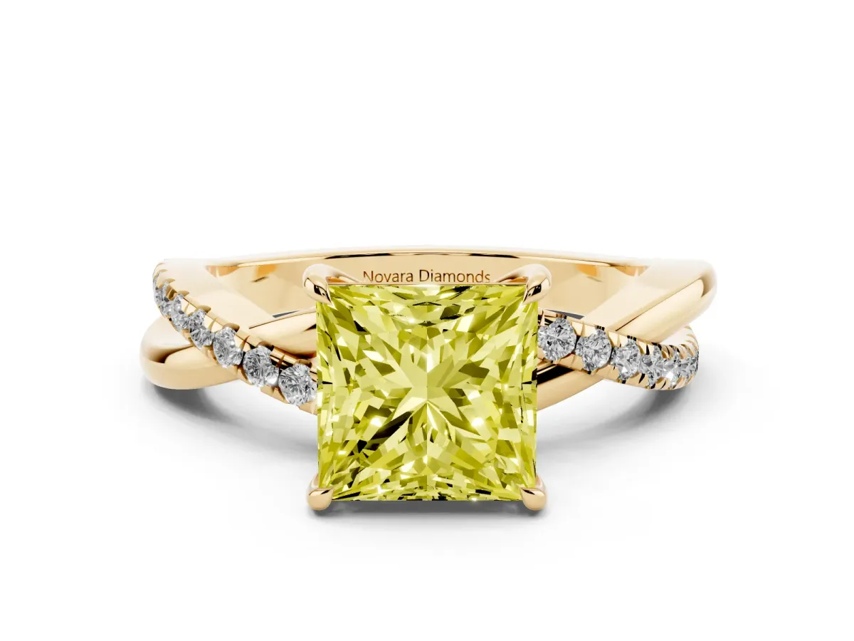Fancy Yellow Princess Cut Diamond Twisted Pavé Band Ring Set in Yellow gold with Prong Setting
