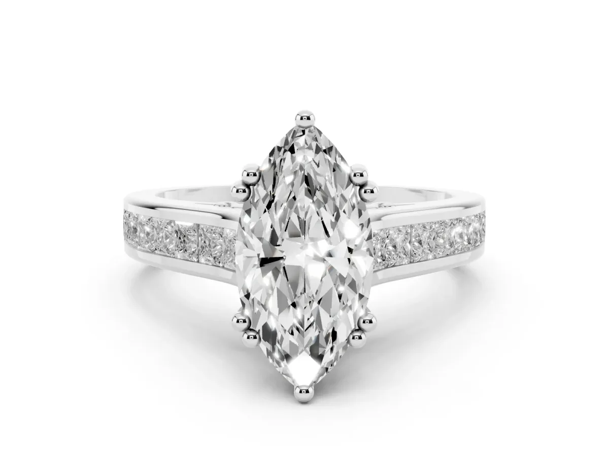 Marquise Cut Diamond Channel Set Solitaire Engagement Ring Set in Silver with Prong Setting