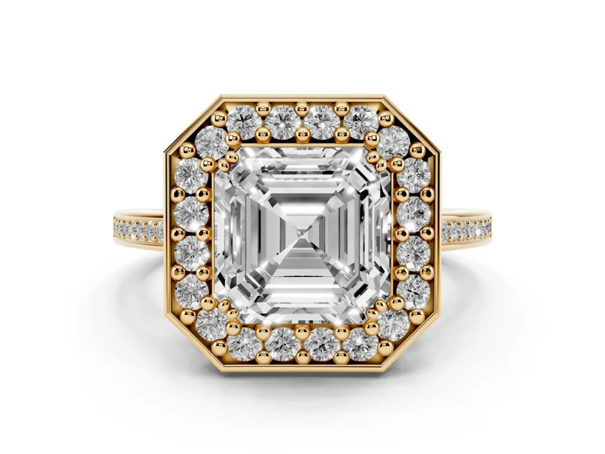 Asscher Cut Diamond Halo Ring Set in Yellow gold with Accent-Lined Split Shank and Prong Setting