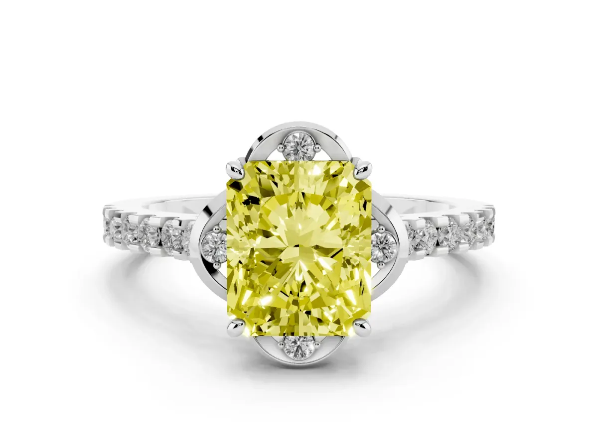 Fancy Yellow Radiant Cut Diamond Solitaire Ring Set in Platinum with Pavé Band and Floral Prong Setting