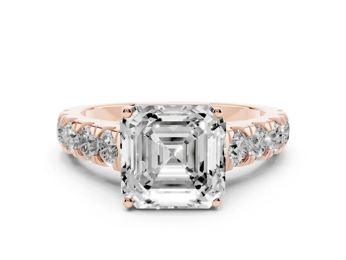 Asscher Cut Diamond Solitaire Ring Set in Rose gold with Cut-Down Micro Pavé Band and Prong Setting