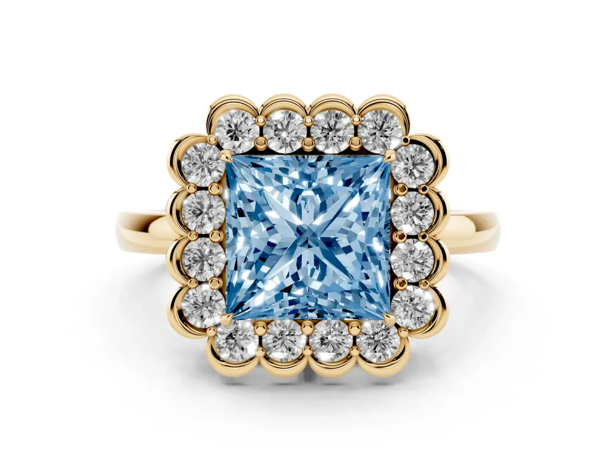 Fancy Blue Princess Cut Diamond Halo Cluster Engagement Ring Set in Yellow gold with Solitaire Band and Prong Setting