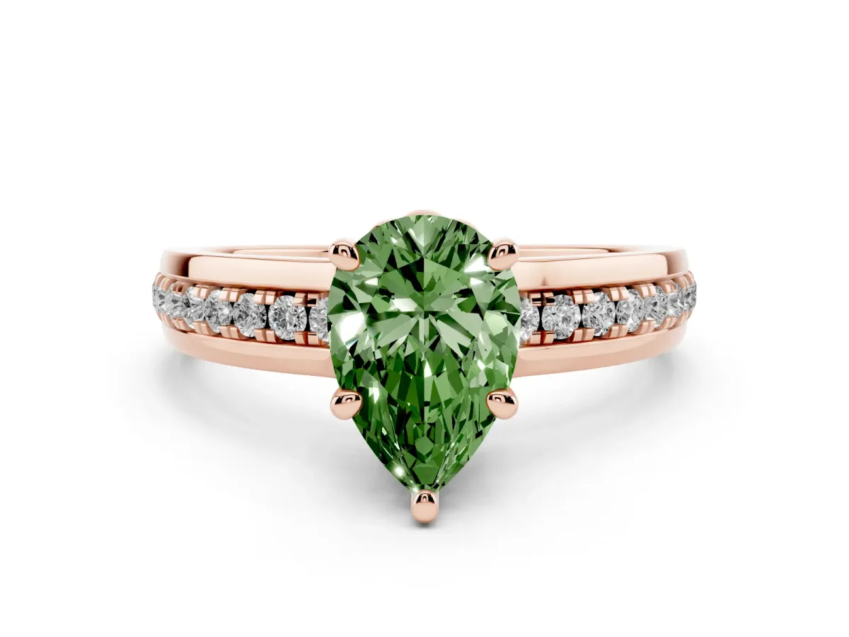 Fancy Green Pear Cut Diamond Solitaire Ring Set in Rose gold with Channel Set Band and Prong Setting