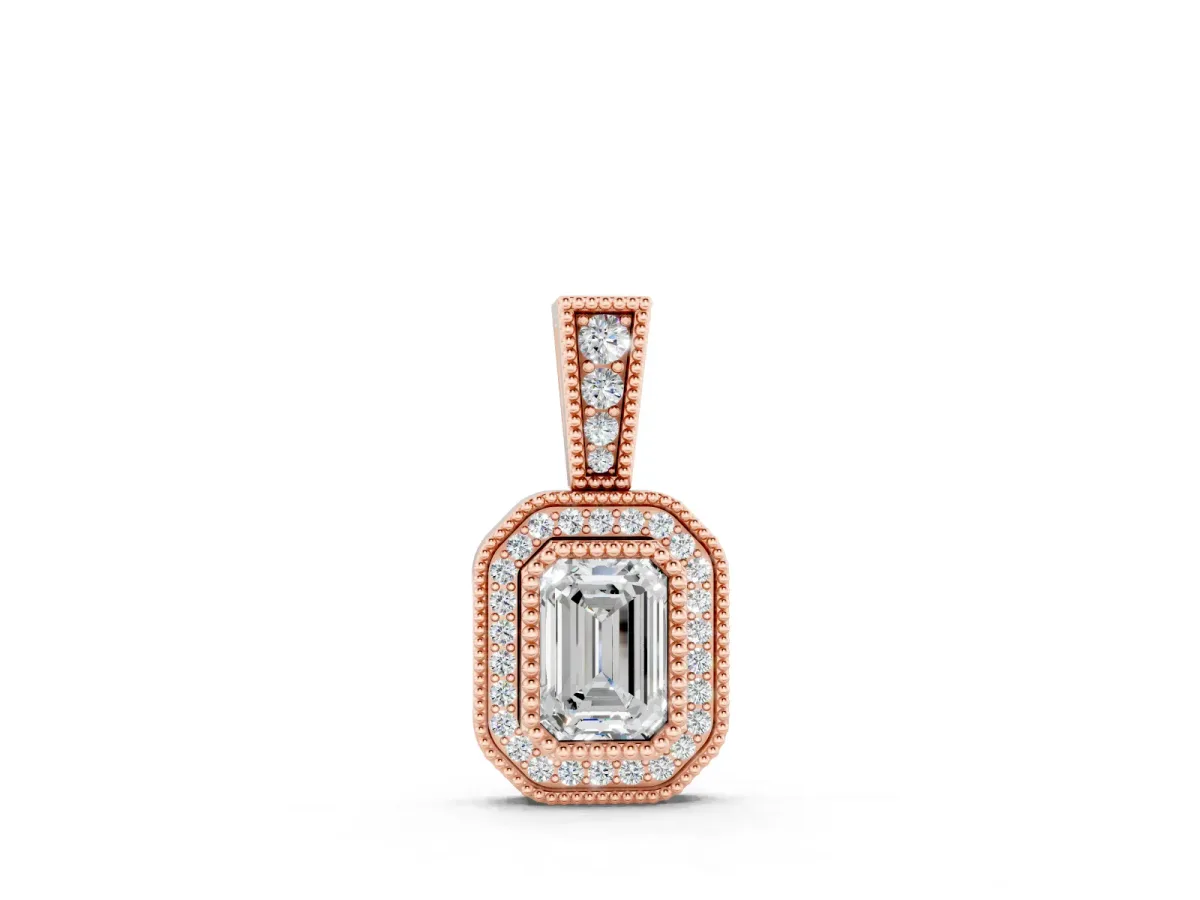 Emerald Cut Halo Diamond Pendant Set in Rose gold with Pavé Halo