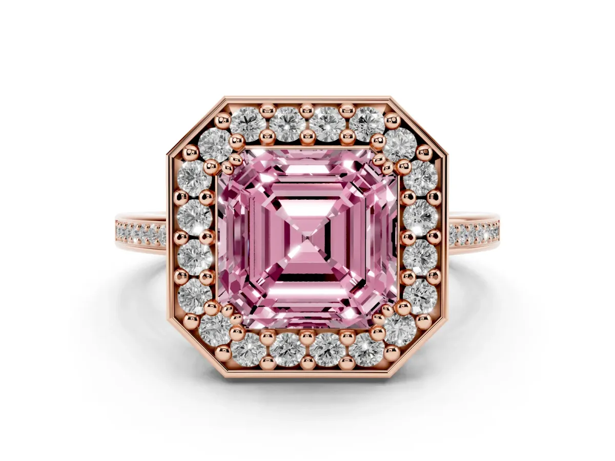 Fancy Pink Asscher Cut Diamond Halo Ring Set in Rose gold with Accent-Lined Split Shank and Prong Setting