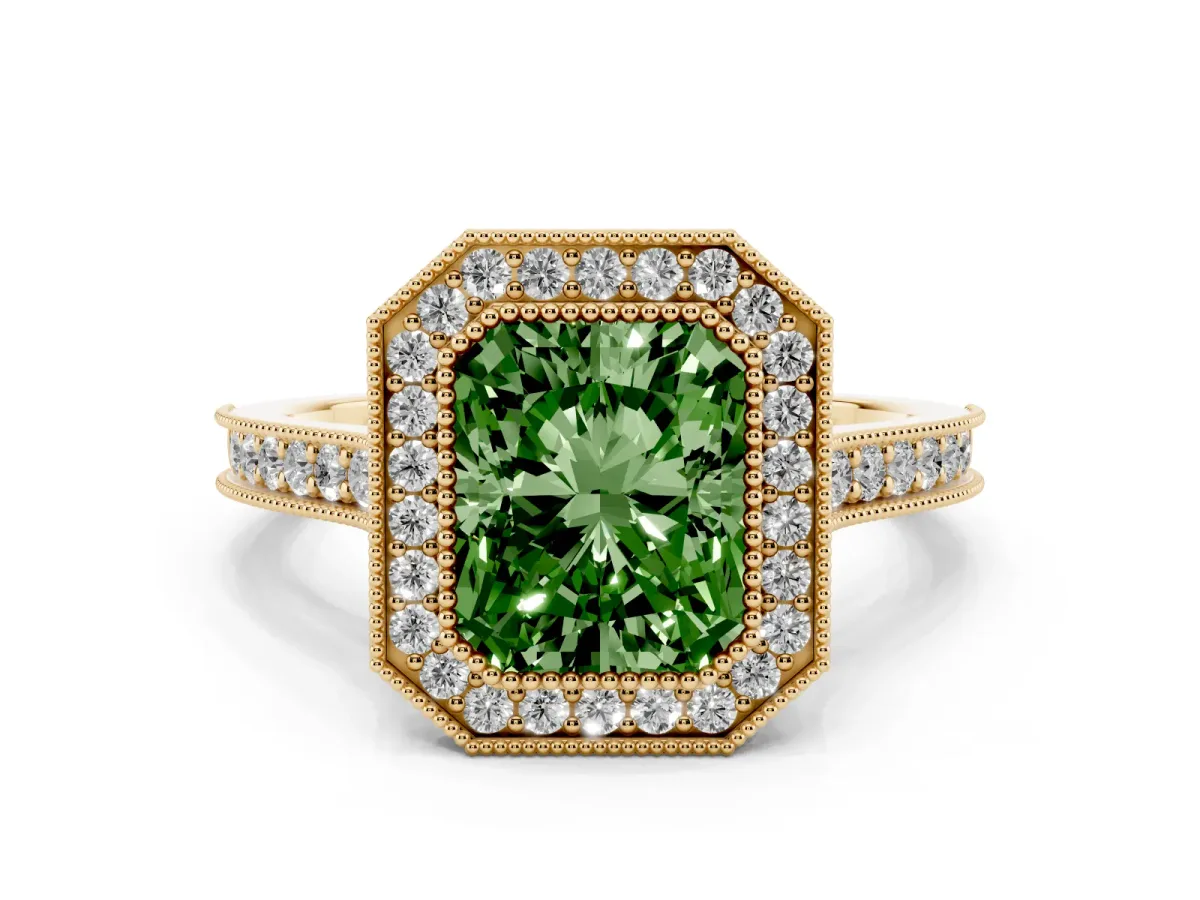 Fancy Green Radiant Cut Diamond Halo Milgrain Pavé Band Ring Set in Yellow gold with Prong Setting
