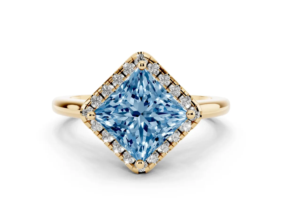 Fancy Blue Princess Cut Diamond Halo Engagement Ring Set in Yellow gold with Pavé Band and Rising Shoulders