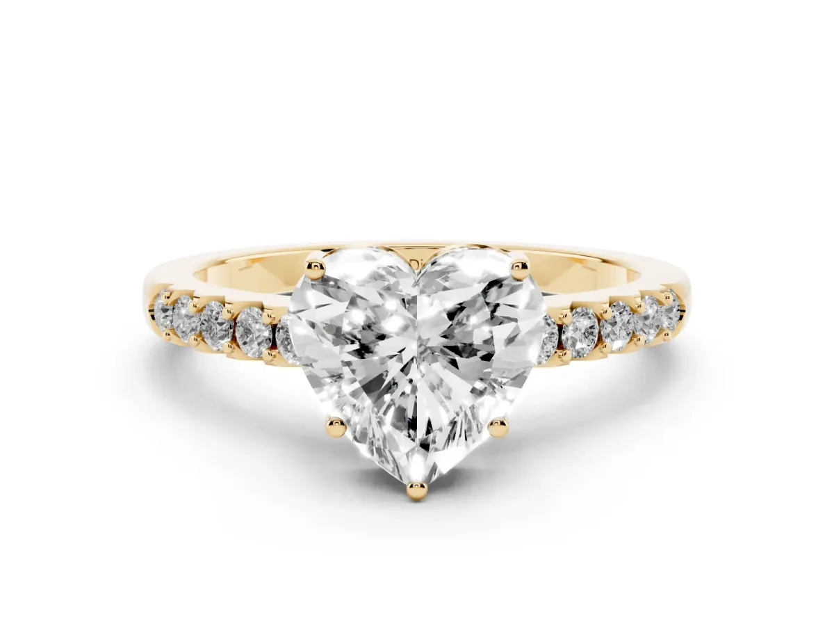 Heart Cut Diamond Solitaire Engagement Ring Set in Yellow gold with Pavé Band and Prong Setting