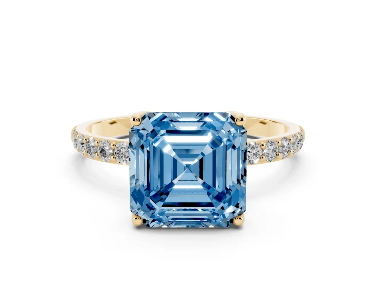 Fancy Blue Asscher Cut Diamond Solitaire Engagement Ring Set in Yellow gold with Round Pavé Band and Prong Setting