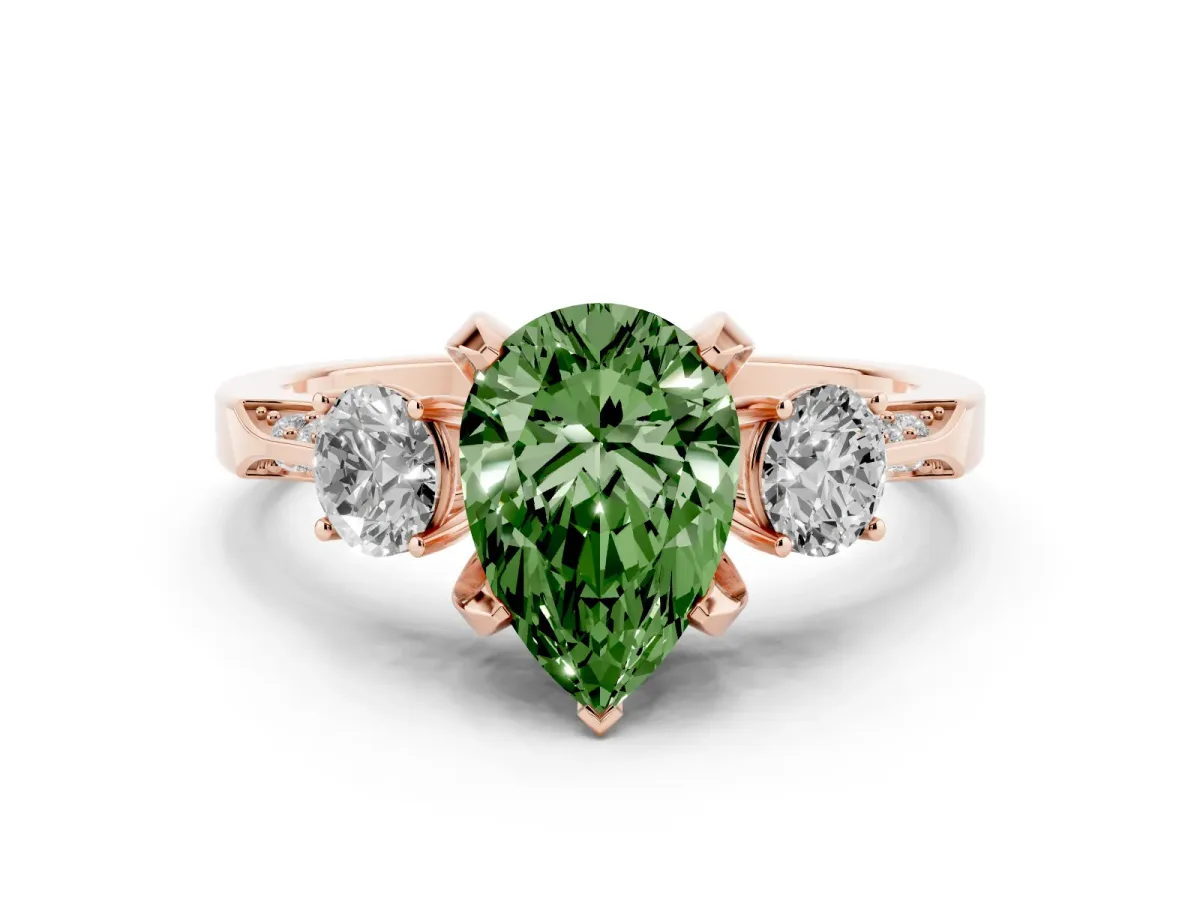 Fancy Green Pear Cut Diamond Three-Stone Ring Set in Rose gold with Pavé Band and Smaller Side Stones