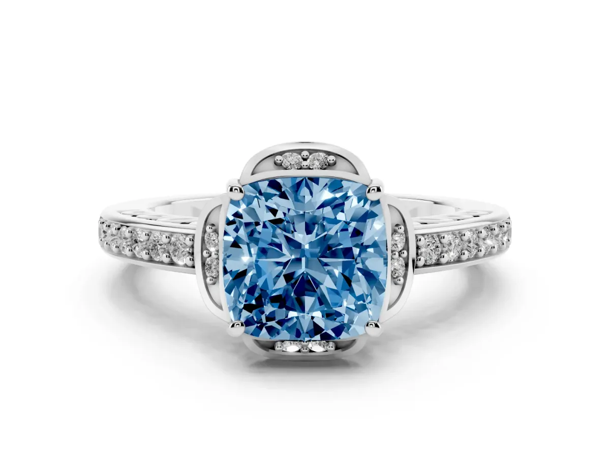 Fancy Blue Cushion Cut Diamond Halo Ring Set in White gold with Channel Set Band and Prong Setting