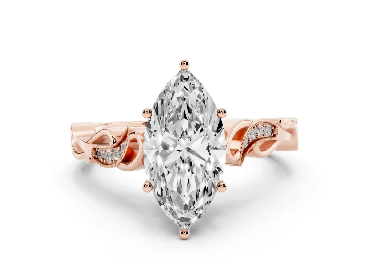 Marquise Cut Diamond Vine Band Solitaire Ring Set in Rose gold with Milgrain Prong Setting