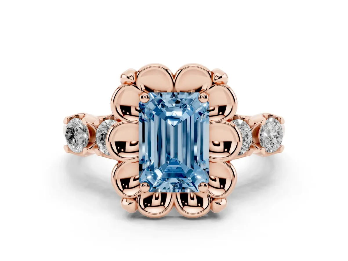 Fancy Blue Emerald Cut Diamond Floral Halo Ring Set in Rose gold with Shared Prong Band