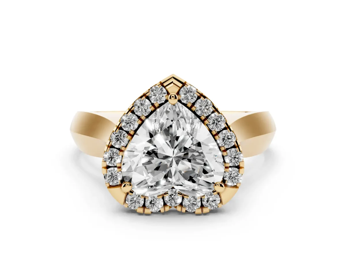 Heart Cut Diamond Halo Solitaire Engagement Ring Set in Yellow gold with Square Band and Prong Setting