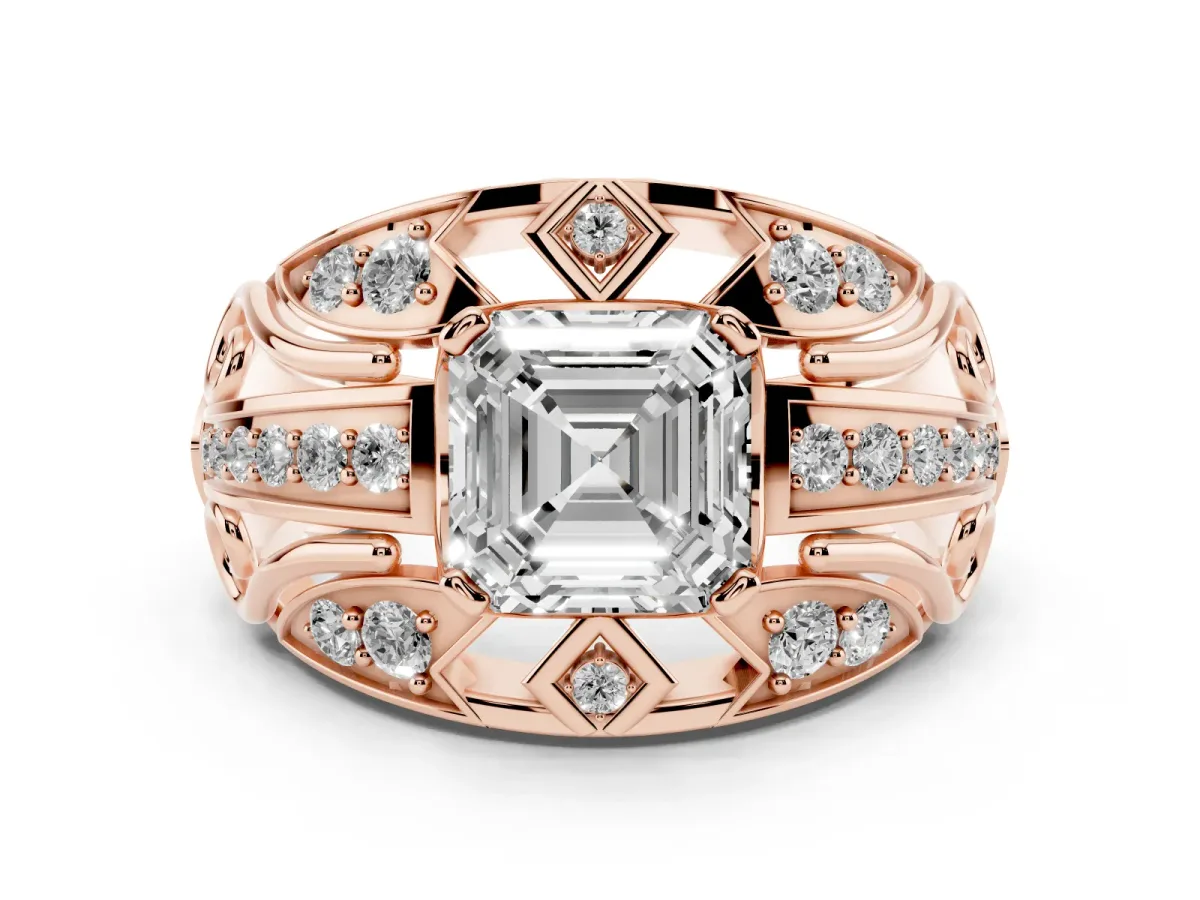 Asscher Cut Diamond Art Deco Ring Set in Rose gold with Pavé Split Shank