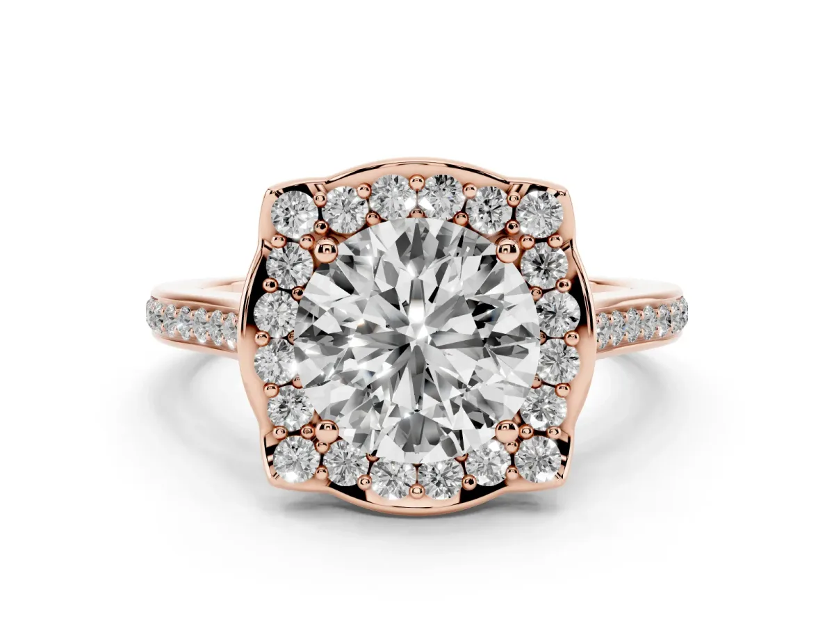 Round Cut Diamond Halo Ring Set in Rose gold with Pavé-Lined Shoulders and Prong Setting